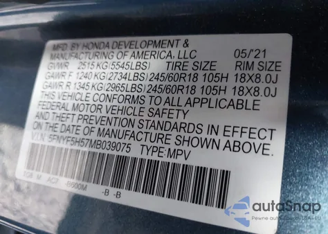 2021 Honda Pilot 2Wd Ex-L from USA, damaged, VIN 5FNYF5H57MB039075